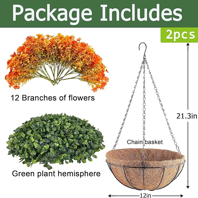 Orgrimmar 2 Pack Artificial Hanging Flowers Basket Outdoor Fake Hanging Plants UV Resistant Realistic Silk Flowers Eucalyptus in Coconut Lining Baskets for Home Porch Balcony Patio Yard Orange