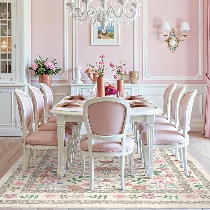 Deerly Floral Rug 5x8 Vintage Boho Washable Non-Slip Living Room Carpet Soft Low Pile Thin Bedroom Floor Mat Indoor Home Decor for Dining Room Playroom Nursery Farmhouse, Beige/Light Pink/Multi