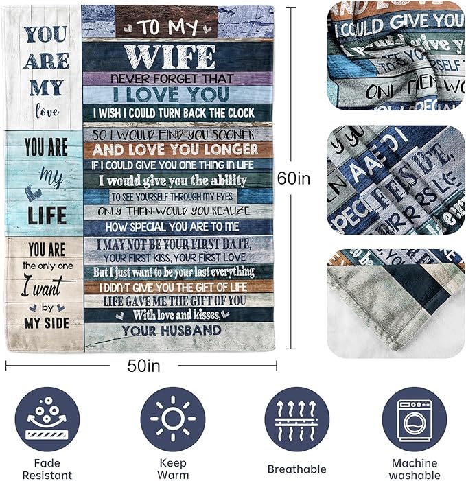 Gifts for Wife, Anniversary Blanket Gifts for Women Her Wife, Wifey Birthday Ideas from Husband, Romantic I Love You Present for Her, Christmas Valentines Mothers Day Presents Throw Blanket 60x50in
