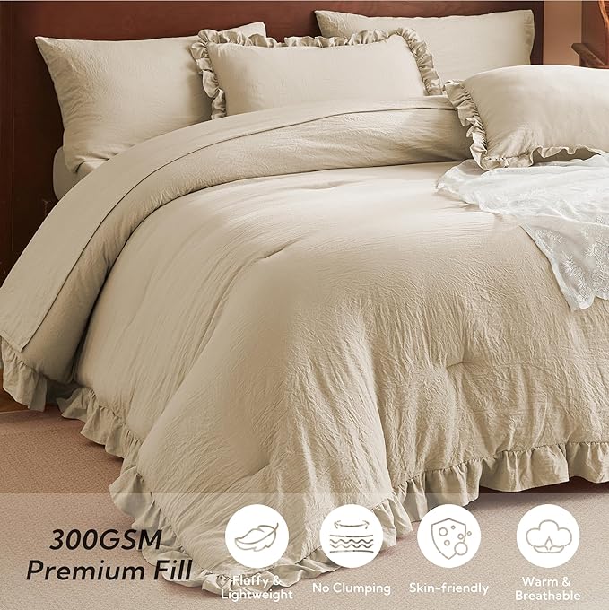 MR&HM Ruffle Comforter Set, Twin Comforter Sets for College Dorm,Linen Boho Bed in a Bag Set 5 Pieces with 1 Comforter,1 Flat Sheet, 1 Fitted Sheet,1 Pillowcases & 1 Pillow Shams for All Seasons