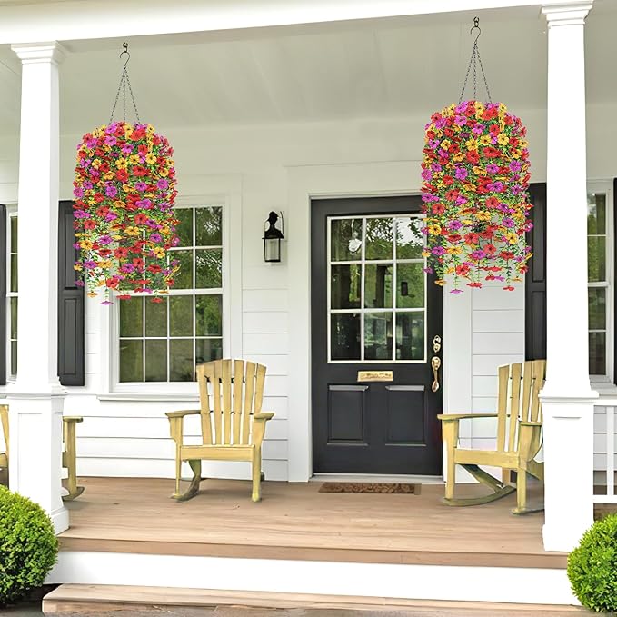 Dremisland 2 Set Artificial Hanging Baskets Outdoor Multicolored Silk Flower Plants Fake Flowers DIY Chain Hanging Basket Daisy Faux Flowers with Pot for Porch Garden Balcony Patio Summer Decor