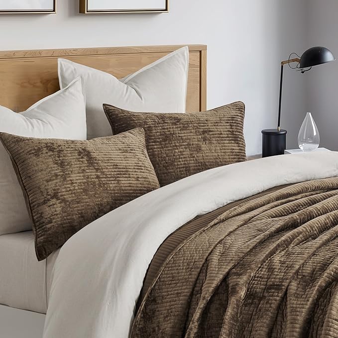 EVERGRACE Velvet Quilt Set Queen Size, Luxurious Soft Quilted Bedding Sets, Lightweight Velvet Comforter for All Season, Striped Channel Bedspread Coverlet with 2 Shams, Mushroom Brown