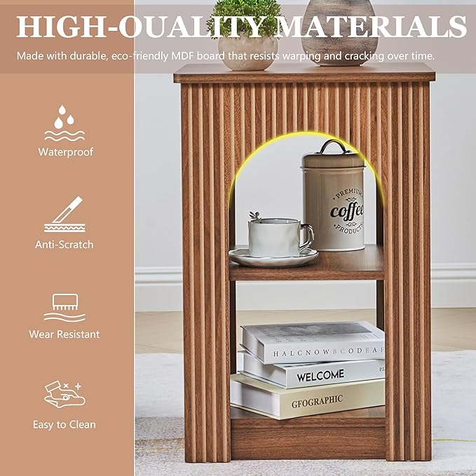 End Table with 3-Tier Storage, Mid-Century Modern Side Table with Arched Carving Lines, Square Fluted Nightstand Accent Table for Living Room, Bedroom, or Office (1, Walnut)