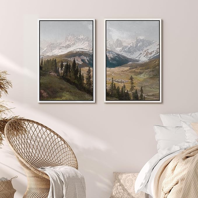 MUDECOR Framed Canvas Print Wall Art Alpine Meadow and Mountain Range Rustic Cabin Nature Nature Wilderness Illustrations Realism Decorative Scenic for Living Room, Bedroom, Office - 16"x24"x2 White