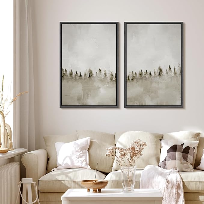 MUDECOR Framed Canvas Print Wall Art Set Misty Pines Serene Forest Landscape Illustrations Modern Art Decorative Bohemian Calm/Zen for Living Room, Bedroom, Office - 24"x36"x2 Black