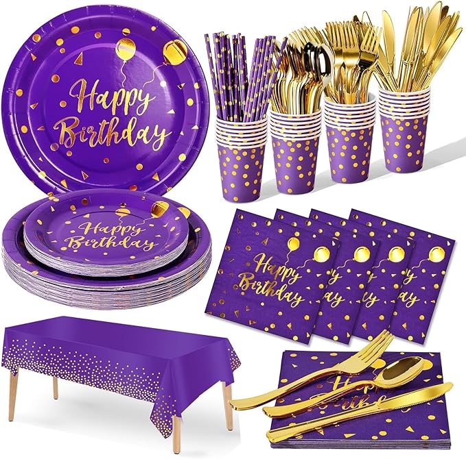 Birthday Party Tableware, 161 Pieces Purple Gold Party Supplies, Dinnerware Sets Include Paper Plates Napkins Cups Silverware, for Shower Engagement Parties Decoration -20 Serves