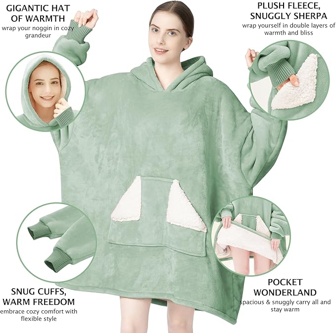 Touchat Wearable Blanket Hoodie, Oversized Sherpa Blanket Sweatshirt with Hood Pocket and Sleeves, Gifts Hooded Blanket for Adult Women Men (Green)