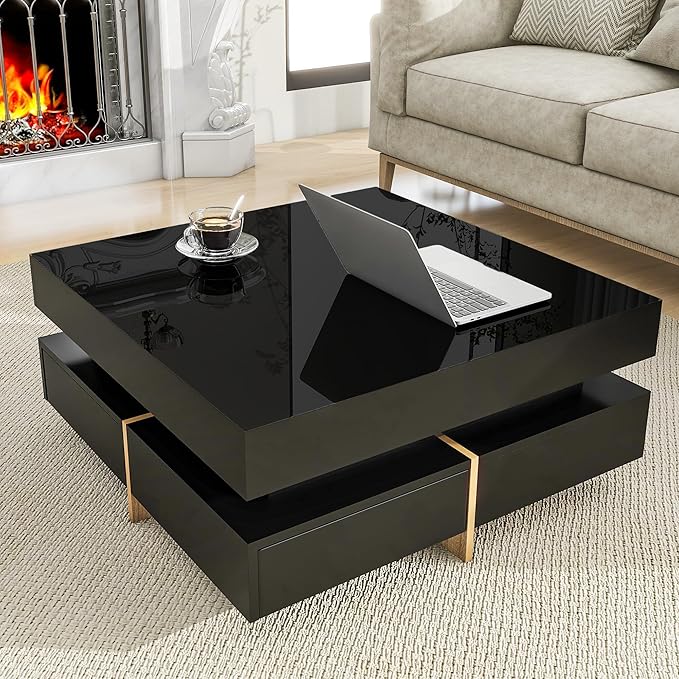 Modern Coffee Table with Storage, Contemporary Square Coffee Table with Drawers, High Gloss Modern Center Table for Living Room, Reception Room, Office, Black, 31" D X 31" W X 11" H