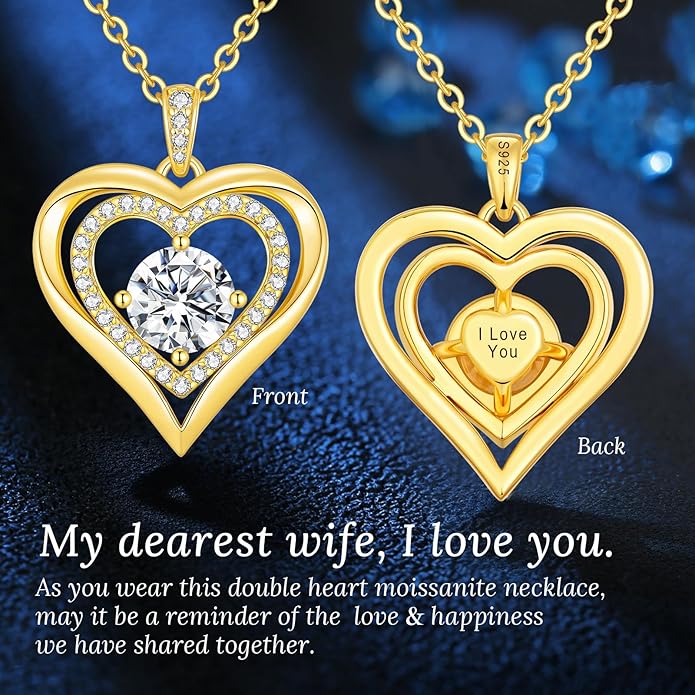 Moissanite Heart Pendant Necklaces for Women, 925 Sterling Silver Gold Plating Lab-Created Gem Necklace Engraved with 'I LOVE YOU', Ideal Anniversary Birthday Christmas Valentine Engagements Mothers Day Jewelry Gifts for Mom Wife Girlfriend Daughter Her
