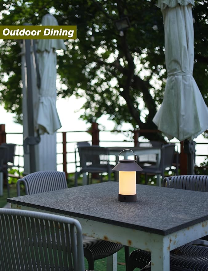 Rechargeable Outdoor Lantern Waterproof, Dimmable Warm White & Flickering Flame Mood Light, Portable Cordless Table Lamp for Patio/Camping/Shower/Emergency Power Outage (Khaki)