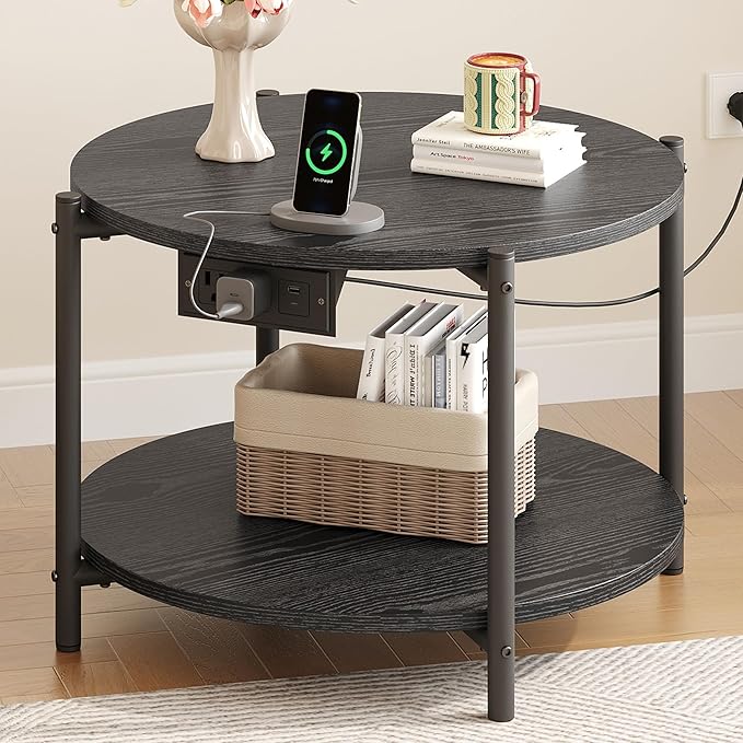 LIKIMIO Round End Table with Charging Station, 23.6" W Wooden Side Table with 2-Tier Storage, Modern Nightstand for Small Spaces, Living Room, Bedroom, Black