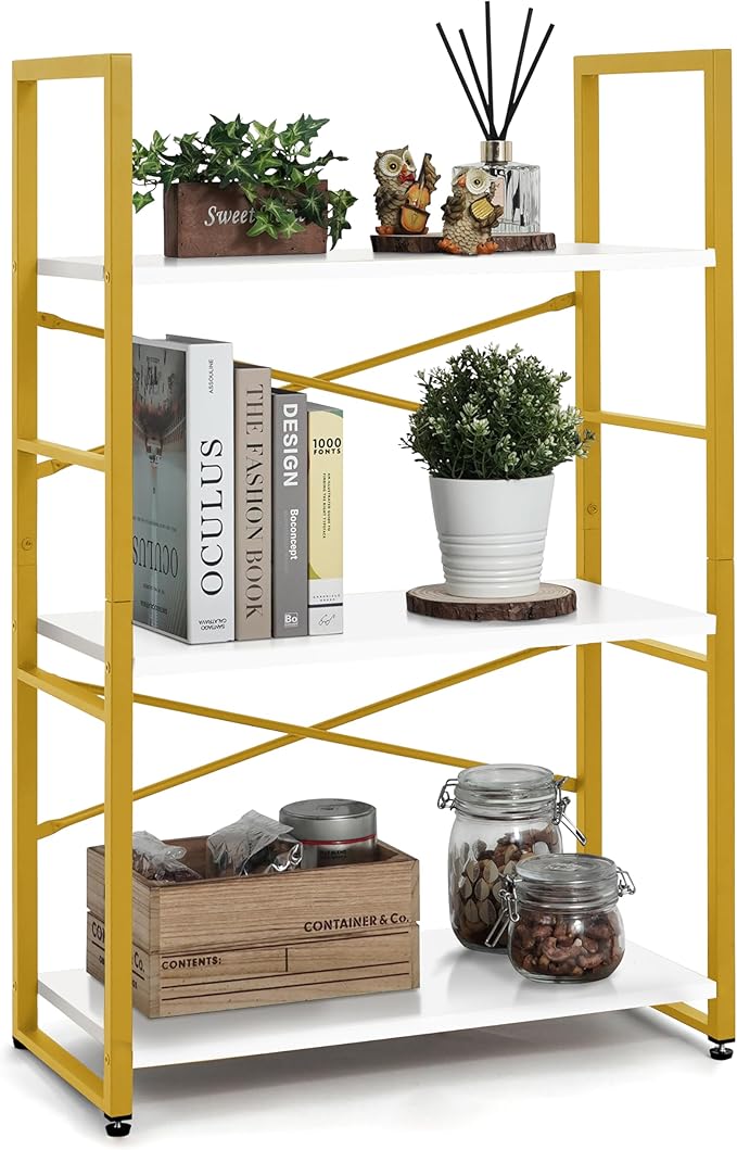 CAPHAUS 3 Tier Small Bookshelf, 24 Inch Width Free Standing Shelf, Bookcase Shelf Storage Organizer, Industrial Book Shelves for Home Office, Living Room, White Wooden Shelves & Gold Frame