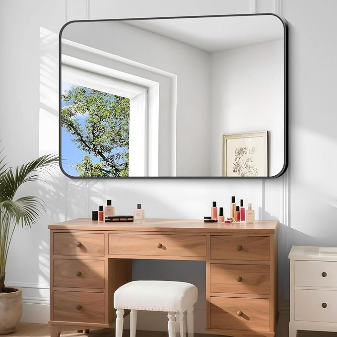 Large Bathroom Mirror, 60 x 40 inch Black Rectangle Mirror, Metal Framed Rectangular Vanity Mirror, Rounded Corner Wall Mounted Mirror for Over Sinks Bedroom Living Room Horizontal/Vertical