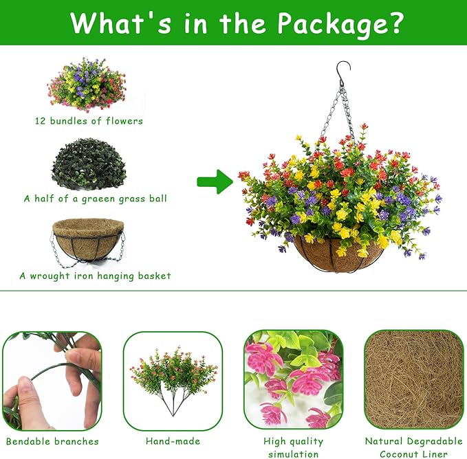 Artificial Hanging Plants Flowers with Basket for Spring Summer Outdoor Decoration, Yellow Purple Pink Red