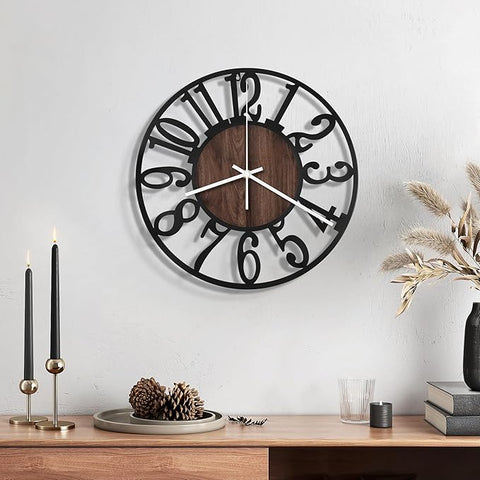 Maxstar Wall Clock Battery Operated,Silent Non-Ticking Modern Rustic Metal Round Clocks Small for Living Room/Bedroom/Office/Kitchen/Farmhouse Home Decor-10 Inch(Brown-Wood)