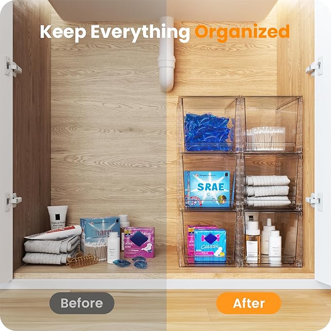 A-LuGei 【𝟰𝗣𝗖𝗦】 Acrylic Stackable Storage Drawers, 11.8" L Makeup Organizer, Bathroom Organizer and Storage, Plastic Storage Bins for Kitchen Cabinet Pantry Medicine Fridge