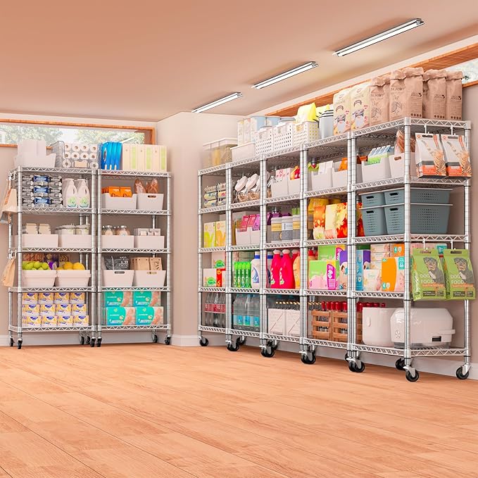 PrimeZone 3 Pack Steel Storage Wire Shelving 5 Tier Metal Shelves with Wheels,Adjustable Kitchen Utility Shelving Unit,Pantry Rack Rolling Metal Shelf Laundry,Chrome 24" Wx18 Dx75 H