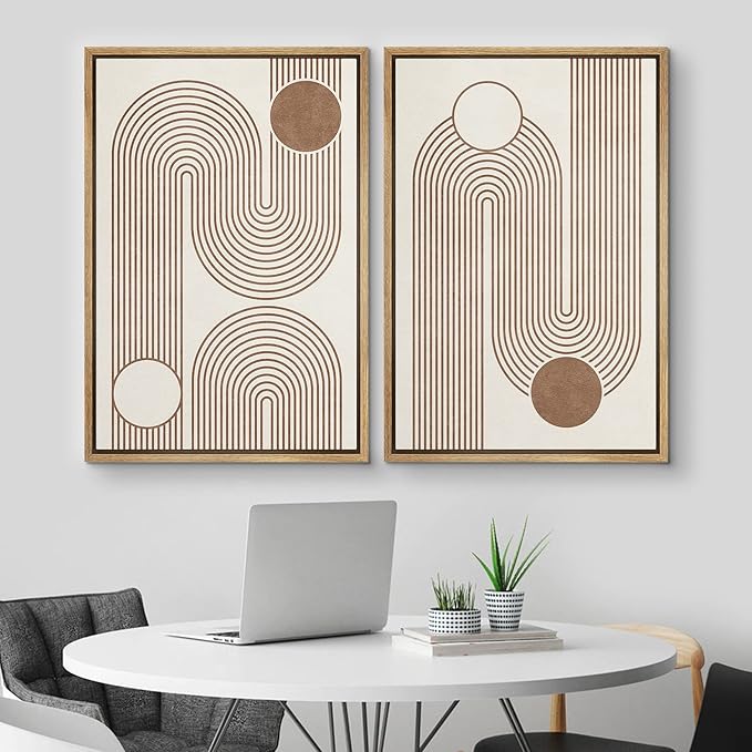 MUDECOR Framed Canvas Print Wall Art Set Geometric Mid-Century Circle Line Polygons Abstract Shapes Illustrations Modern Art Decorative Boho for Living Room, Bedroom, Office - 24"x36"x2 Natural