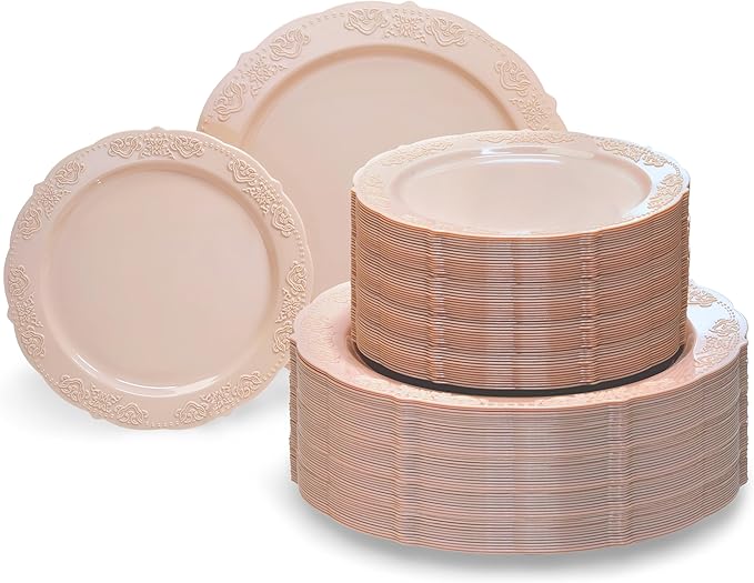 " OCCASIONS " 240 Plates Pack,(120 Guests) Vintage Wedding Party Disposable Plastic Plates Set-120x10.25'' Dinner +120x7.5'' Salad/Dessert Plate (Portofino in Blush/Antique Rose)