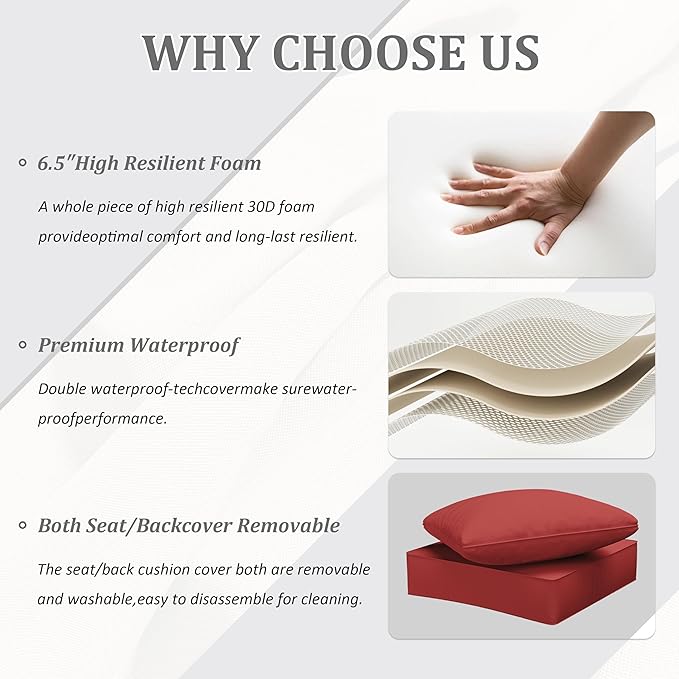 Outdoor Seat Cushion Set 24 x 24 x6.5 Inch Splash-Proof & Fade Resistant Patio Furniture Cushions with Removable Cover Deep Seat & Back Cushion with Straps for Chair Sofa Couch