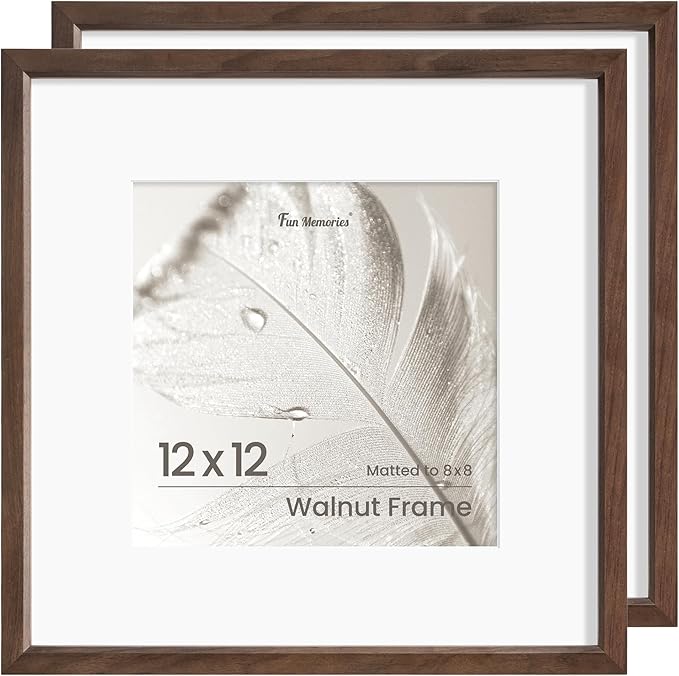12x12 Picture Frame, Solid Walnut Wood Photo Frame with Tempered Glass, Handcrafted Rounded Corner 12 x 12 Wooden Frame Matted to 8x8 Photos, Horizontal or Vertical Wall Mounting