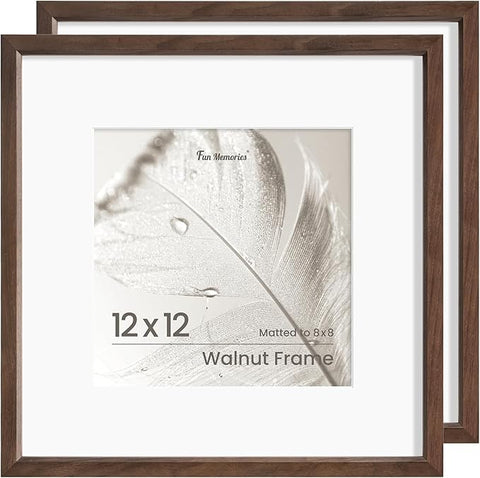 12x12 Picture Frame, Solid Walnut Wood Photo Frame with Tempered Glass, Handcrafted Rounded Corner 12 x 12 Wooden Frame Matted to 8x8 Photos, Horizontal or Vertical Wall Mounting