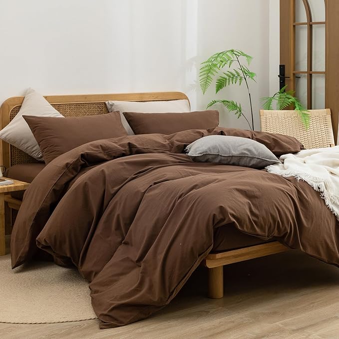 BESTOUCH Duvet Cover Set 100% Washed Cotton Linen Feel Super Soft Comfortable Chic Lightweight 3 PCs Home Bedding Set Solid Cocoa Brown King