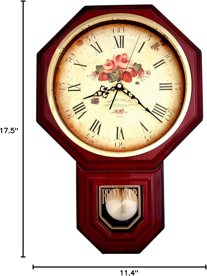 JUSTIME Traditional Schoolhouse Classic Vintage Rose Regulator Wall Clock, Chiming Wall Clocks with Pendulum & Westminster Chime Hourly, Schoolhouse Wall Decor Battery Operated (Red Mahogany)