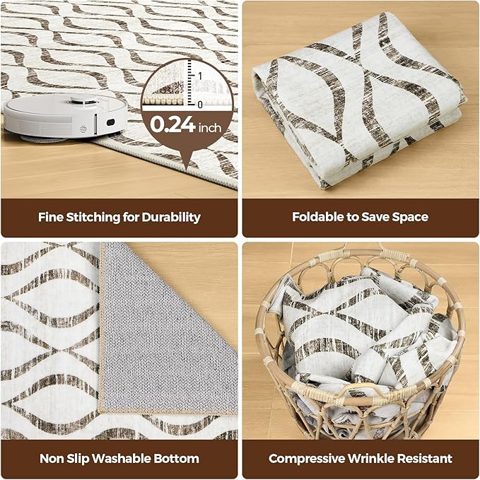 WITSHOCK 8x10 Area Rugs for Bedroom: Washable Non-Slip Soft Geometric Boho Low Pile Large Thin Indoor Rug for Living Room Dining Room, Carpet for Nursery Playroom Decor, Kid & Pet Friendly, Brown