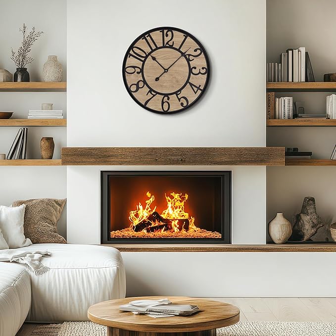 LEIKE Large Wall Clocks Living Room Decor,Non Ticking Silent,Battery Operated Small Round Modern Wood Wall Clock for Bedroom,Kitchen,Farmhouse,Office Vintage Home Decor-16 -Arabic Number