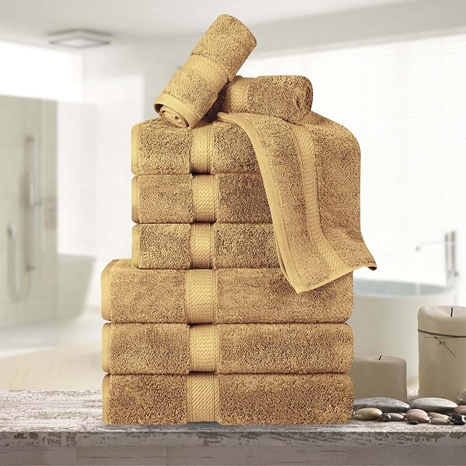 BNM Egyptian Cotton Heavyweight Towels, Ideal For Bathroom, Shower, Spa, Hotel, 800 GSM, Face/ Washcloths, Hand Towels, Bath Towels, Highly-Absorbent, Luxury Home Basics, 9 Piece Towel Set, Toast