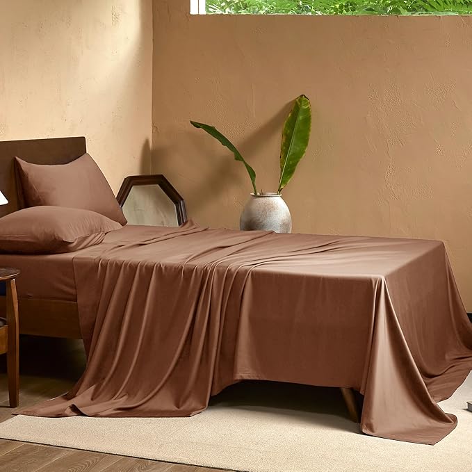 EVERLY Queen Sheets Set,Luxuriously 400 Thread Count Organic Viscose Derived from Bamboo Bed Sheet,Cooling Sheets for Queen Size 4 Piece Deep Pockets Bedding Sheets &Pillowcases-Brick Red