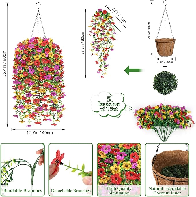 Dremisland 2 Set Artificial Hanging Baskets Outdoor Multicolored Silk Flower Plants Fake Flowers DIY Chain Hanging Basket Daisy Faux Flowers with Pot for Porch Garden Balcony Patio Summer Decor