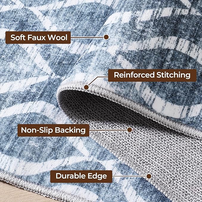 WITSHOCK Area Rugs 7x9: Washable Non-Slip Soft Geometric Low Pile Print Pattern Boho for Living Room Bedroom Dining Room, Large Thin Indoor Carpet for Nursery Playroom Decor, Kid & Pet Friendly, Blue
