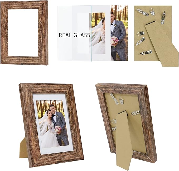 4x6 Picture Frame Set of 2, Made of Real Glass and Rustic Brown Wooden Frame - Display Pictures 3.5x5 with Mat or 4x6 Without Mat, 4 by 6 Photo Frame for Wall or Tabletop Display