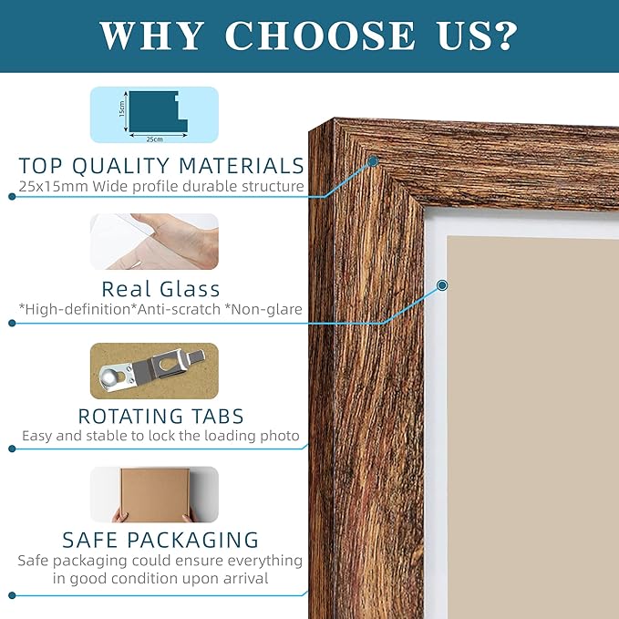 10x14 Picture Frame Set of 2, Made of Glass and Rustic Brown Wooden Frame, Display 8x12 Pictures with Mat or 30 x 40cm Diamond Painting Art without Mat for Wall Mounting, Gallery Photo Frames