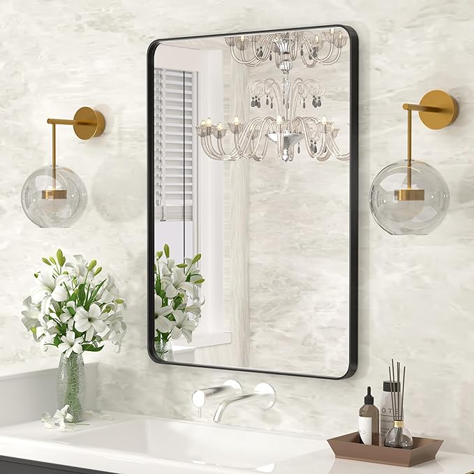 30x22 Bathroom Vanity Mirror for Wall, Aluminum Framed, Farmhouse Rectangle, Anti-Rust, HD Reflection Anti-Desilvering, Distortion Free, Tempered and Shatter-Proof Wall Mounted Mirror, Black