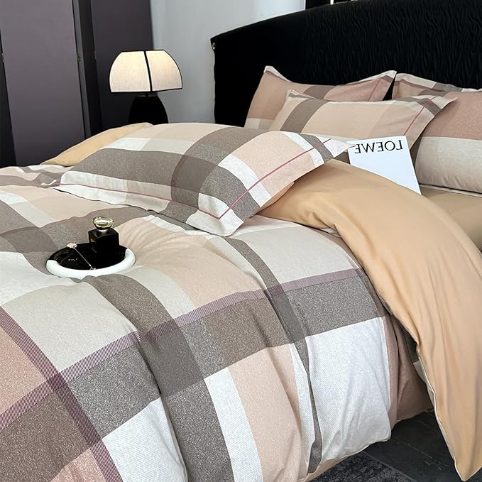 VM VOUGEMARKET Brushed Cotton Duvet Cover Set King,Brown Plaid Geometric Duvet Cover Matching 2 Pillow Shams,Soft Warm Cozy Bedding Set for Men Women