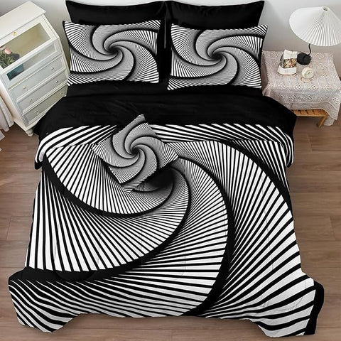 Bedorm Black White Comforter Set 3D Abstract Bedding Set King Vortex Stripe Geometric Comforter Trippy Psychedelic Bedding Comforter Black Bed in A Bag