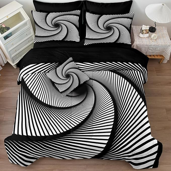 Bedorm Black White Comforter Set 3D Abstract Bedding Set Queen Vortex Stripe Geometric Comforter Trippy Psychedelic Bedding Comforter Black Bed in A Bag