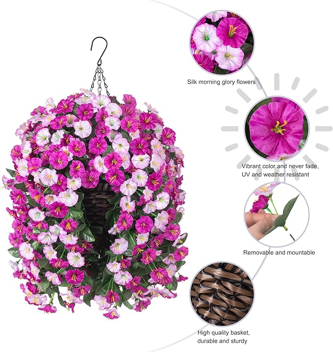Artificial Hanging Flowers Plants in Basket, Fake Plant Silk Morning Glory Flower Arrangement for Outdoor Decor, UV Resistant Realistic Floral Planter for Outside Porch Patio Balcony (Fuchsia)