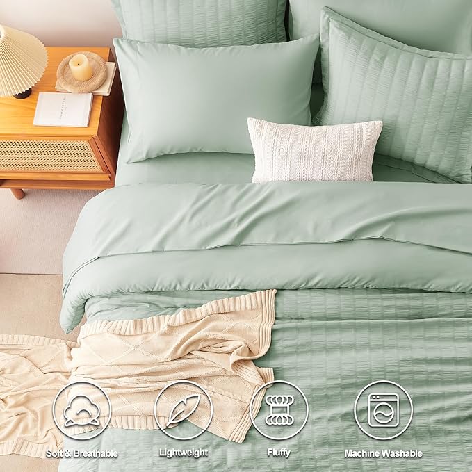 CozyLux Full Size Comforter Sets with Sheets Seersucker 7 Pieces Sage Green Bed in a Bag Textured Luxury Soft Bedding Set with Down Alternative Comforter, Sheets, Pillowcases & Shams for All Seasons