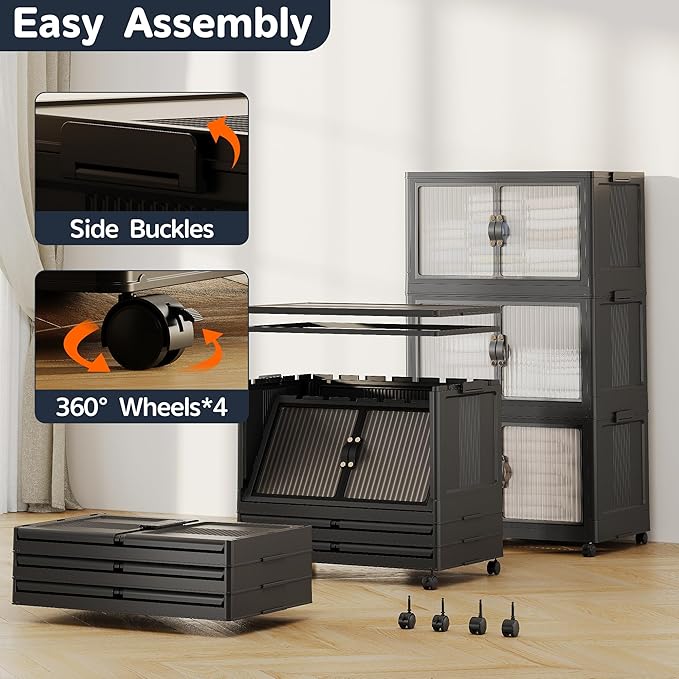 JONZEN 144Qt Stackable Storage Bins with Lid, 36GAL Collapsible Bins with Wheels, Closet Organizer and Storage Drawer, Plastic Clothes Storage Cabinet Containers for Home Garage, 3Pack Black