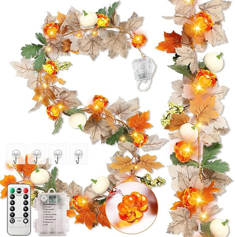 VIHOSE 2 Pack Thanksgiving Maple Leaves Garland Fall Decor 11.5 ft 40 LED with Pumpkin Lights Battery Operated and Timer Remote for Home Thanksgiving Halloween Decor(White)