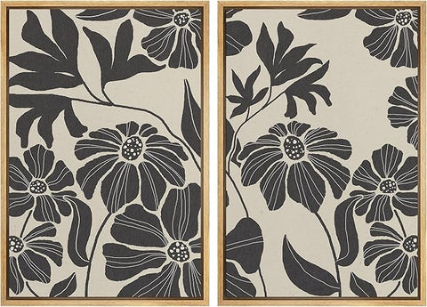 MUDECOR Framed Canvas Print Wall Art Monochrome Floral Botanical Black and White Illustrations Modern Art Decorative Bohemian Colorful Chic for Living Room, Bedroom, Office - 24"x36"x2 Natural