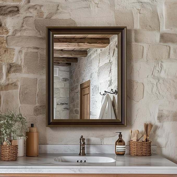 Retro Copper Effect Framed Wall Mirror, 16x20 Rectangle Mirror, 1/8"Anti-desilvering Tempered Glass, Sustainable&Sturdy Frame, Anti-Rust, HD Reflection &3min Fast Setup for Bathroom Living Room