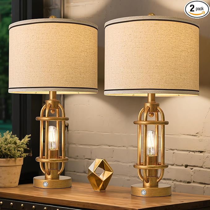 23.75'' Table Lamps Set of 2 for Living Room Bedroom Industrial Farmhouse Metal Touch Lamps with USB A+C Ports, Night Light Vintage Nightstand Bedside Lamp, Bulbs Included, Antique Gold