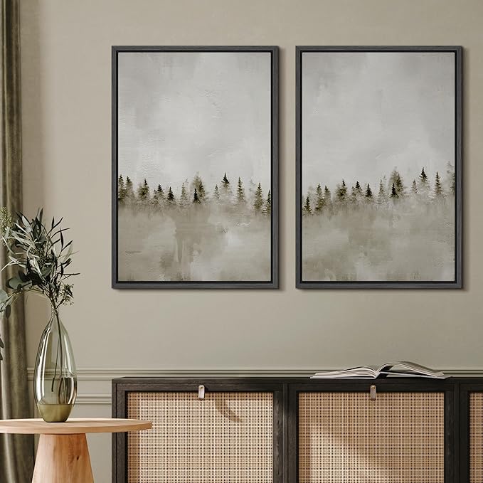 MUDECOR Framed Canvas Print Wall Art Set Misty Pines Serene Forest Landscape Illustrations Modern Art Decorative Bohemian Calm/Zen for Living Room, Bedroom, Office - 24"x36"x2 Black