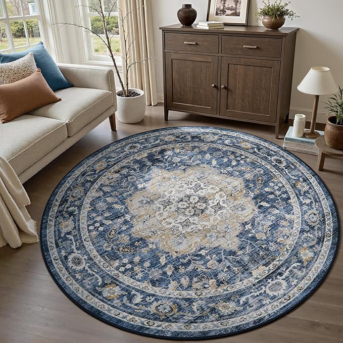 PADOOR-Vintage 6FT Round Rug-Rugs for Living Room-Soft Blue Circle Rug-Machine Washable Rugs for Bedroom-Non Slip Carpet-Rug for Dining Room Living Room Bedside Office