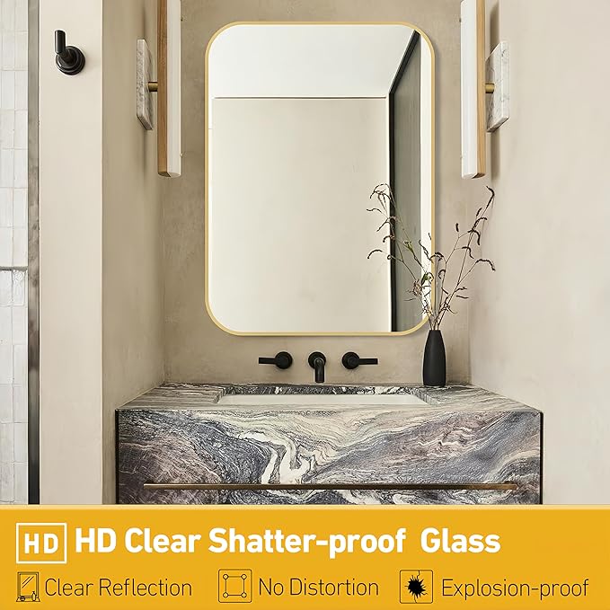 FARMER 20x28 Inch Gold Bathroom Mirrors for Wall, Framed Bathroom Vanity Mirror with Rounded Edge, Brushed Rectangle Mirrors for Bathroom for Washroom, Living Rooms, Hangs Horizontally or Vertically
